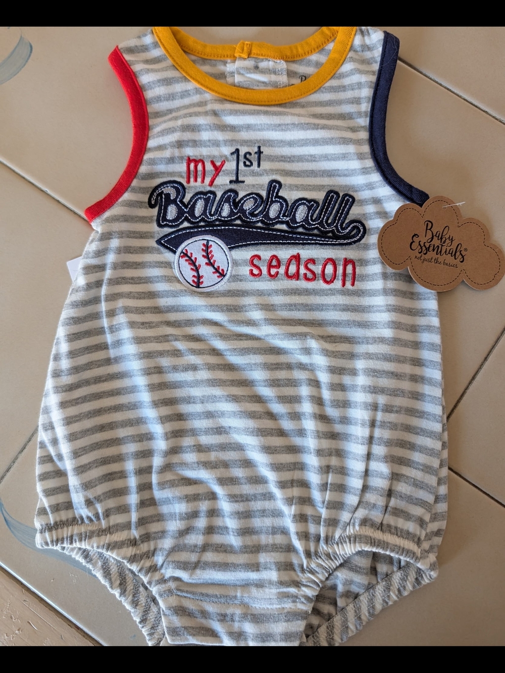 Baby Essentials Gray, White, Red Striped Baseball Romper with Yellow Trim 12m
